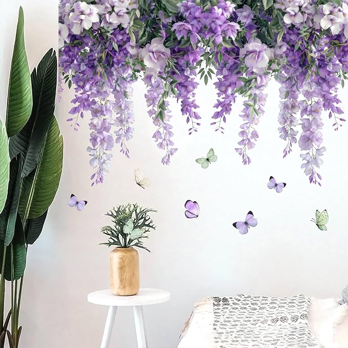 Purple Hanging Vine Wall Decals, Removable Wisteria Floral Vinyl Stickers, Flower Vine Butterfly Stickers Art Wallpaper for Home Clings Bathroom Bedroom Living Room Wall Corner Decor - Image 2