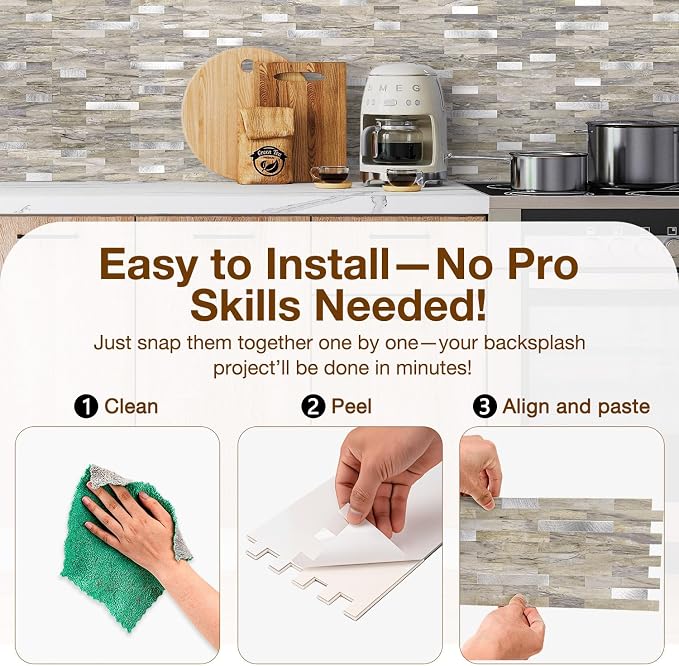 Peel and Stick Backsplash Tile Waterproof Removable PVC Wall Sticker 3D Faux Stone Marble Brick White Accent Panels (Gray - Yellow Stone - Metal Silver, 20 Tiles - 9 sq. ft. (0.84 M²)) - Image 5