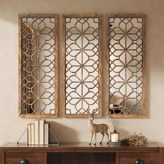Set of 2 16x41.5 Inch Large Carved Floral Wood Frame Wall Mirrors, Shatterproof Boho Farmhouse Rustic Accent Mirrors for Living Room, Bedroom, Bathroom, Entryway & Home Wall Decor，Maroon by HMANGE