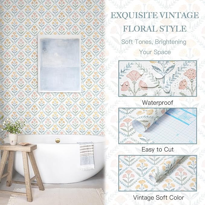 Dimoon 17.3''x78.7'' Peel and Stick Wallpaper Floral Boho Contact Paper Cute Vintage Village Wallpaper Farmhouse White Blue Renter Friendly Geometry Grid Waterproof Embossed Kitchen Bedroom Vinyl - Image 2