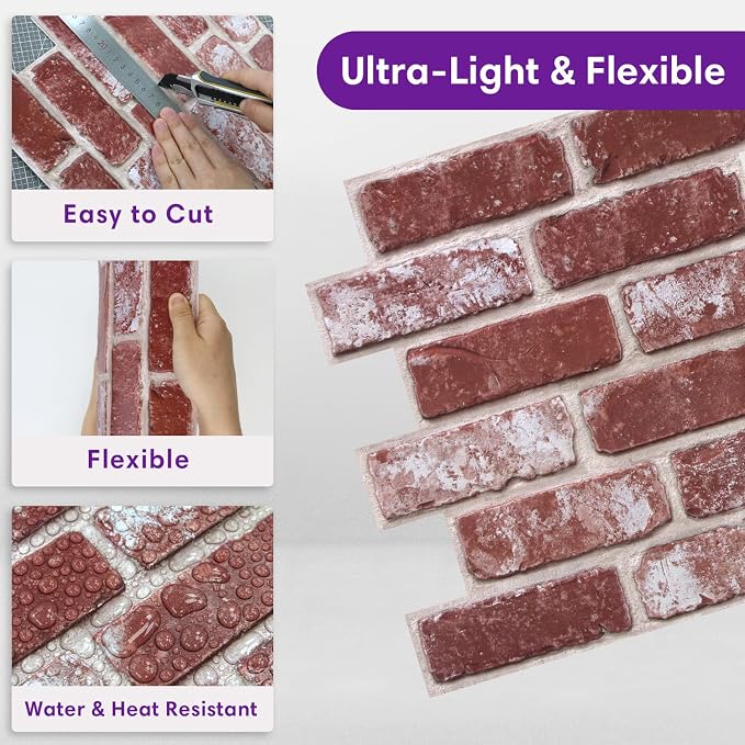 3D Faux Brick Wall Panels Peel and Stick, Designed for Quick DIY | Whitewash Red, 10 Pcs 11.8" x 11.8", Small Brick-Look, Light PVC Fake Brick Covering for Wall Renovation, Cover 9.7 sq ft - Image 5