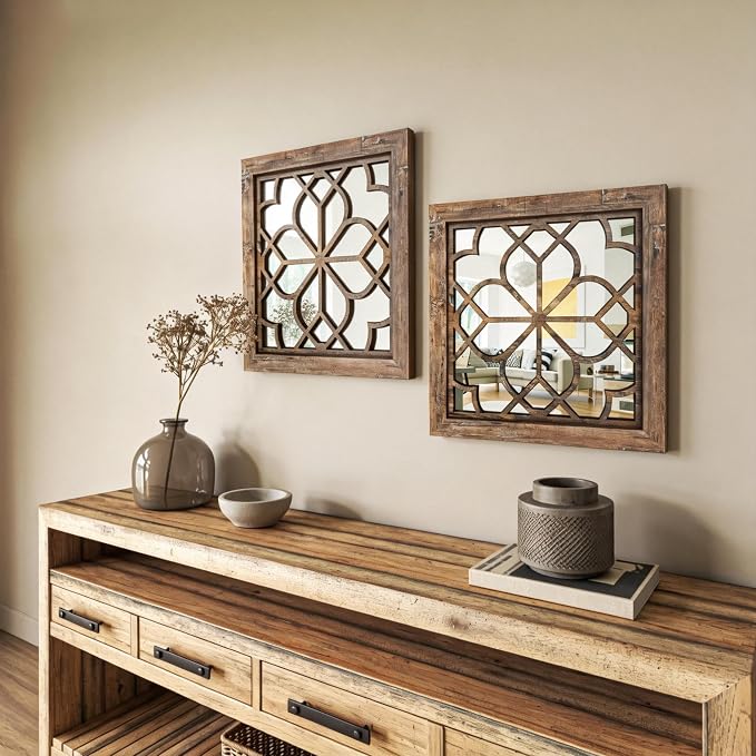 Set of 2 14 Inch Square Redbrown Window Pane Wall Mirrors, Shatterproof Rustic Farmhouse Boho Vintage Accent Mirrors for Living Room Bedroom Bathroom Entryway - Image 3