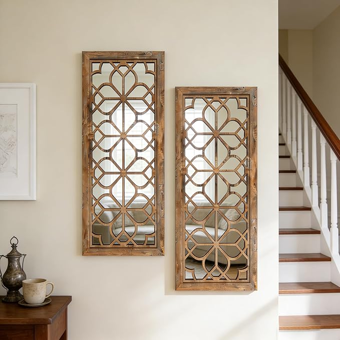 Set of 2 13x30 Inch Large Maroon Shatterproof Carved Floral Wood Frame Wall Mirrors, Boho Farmhouse Rustic Accent Mirrors for Living Room Bedroom Bathroom & Home Decor by HMANGE