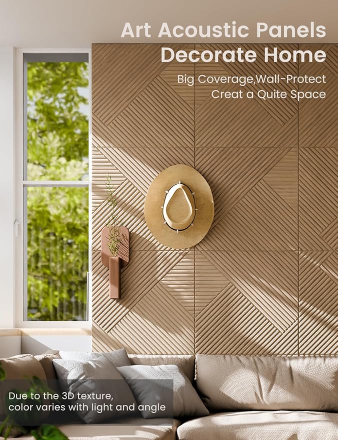 Fluxynara 6-Pack Felt Bulletin Board,Natural Oak Diamond Chevron-1 | 70.87" x 47.24" Cork Board Alternative, Acoustic Wall Panels with 60 Adhesive Tabs for Recording Studios and Home Offices - Image 4