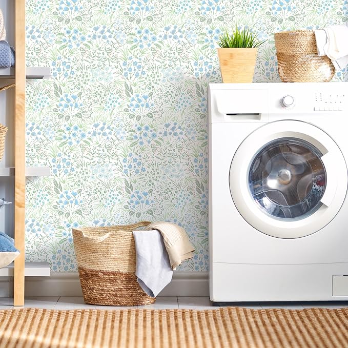 SOON AFTER Blue Boho Neutral Floral Peel and Stick Wallpaper, 17.3" x 472" Removable & Waterproof Vinyl Wallpaper, Flower Self-Adhesive Contact Paper for Nursery Bedroom Cabinets - Image 8
