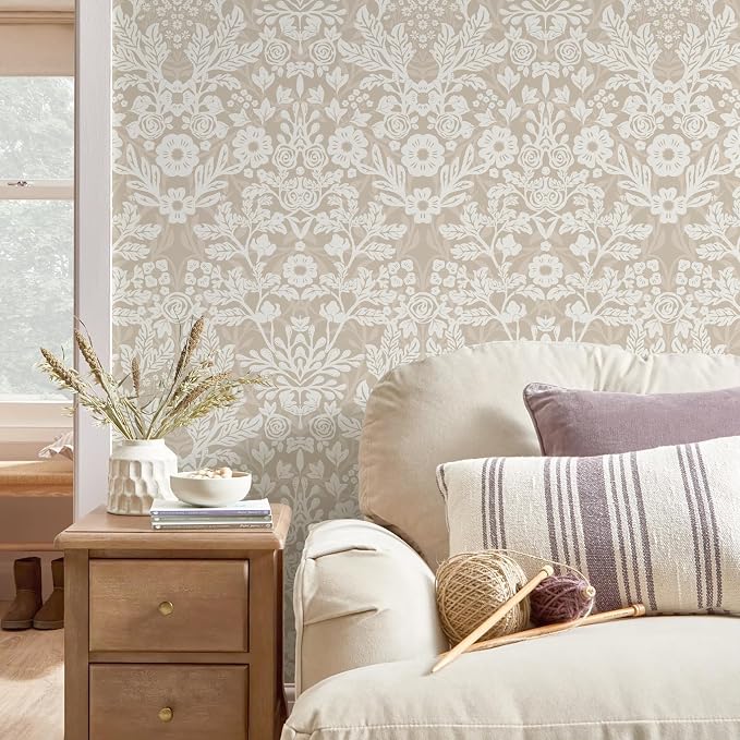 Toduso Peel and Stick Wallpaper Boho Beige Wallpaper Floral Contact Paper Removable Self Adhesive Waterproof Wall Paper for Bathroom Bedroom Living Room Thicken Vinyl Roll 17.3" x 393.7" - Image 3