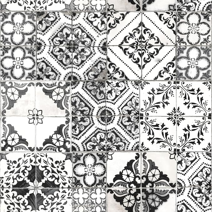 RoomMates RMK11282WP Black Mediterranean Tile Peel and Stick Wallpaper, Roll, Black by RoomMates