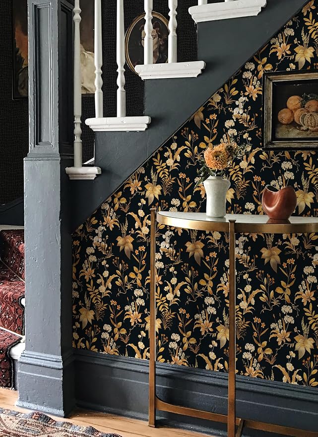 Simon&Siff Vintage Floral Peel and Stick Wallpaper 17.3" x 120" | Black Gold Botanical Contact Paper, Removable Wall Paper, Renter Friendly, for Cabinets, Furniture, DIY Decor - Image 3