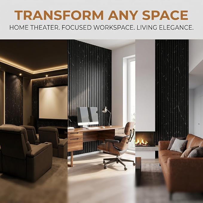 Wood Slat Acoustic Panels, 94.5x12.6 Inch, Black Marble, 2 PCS | (16.5ft²) 3D Wall Panels, Interior Wall Decor Noise Cancelling, Fluted Sound Absorbing Panel for Office,Home,Theater,Studio - Image 8