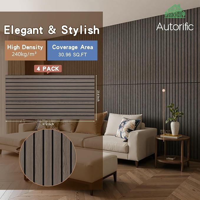 Acoustic Wall Panels,4 Pack 47.2”x23.6”x0.35” Sound Panels,Walnut | Simulated Wood Grain Finish Sound Dampening Panels,Decorative PVC Wood Veneer Acoustic Panels, High-Density Polyester Fiber - Image 3
