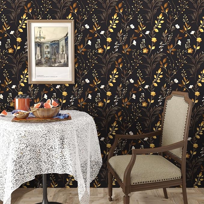 Laatse Black Floral Leaf Vintage Wallpaper Peel and Stick 17.5" × 118" | Self Adhesive/Removable/Waterproof/Thick Vinyl Contact Paper for Bathroom Bedroom Shelf Cabinet Drawer,Prepasted,Easy Peel - Image 4