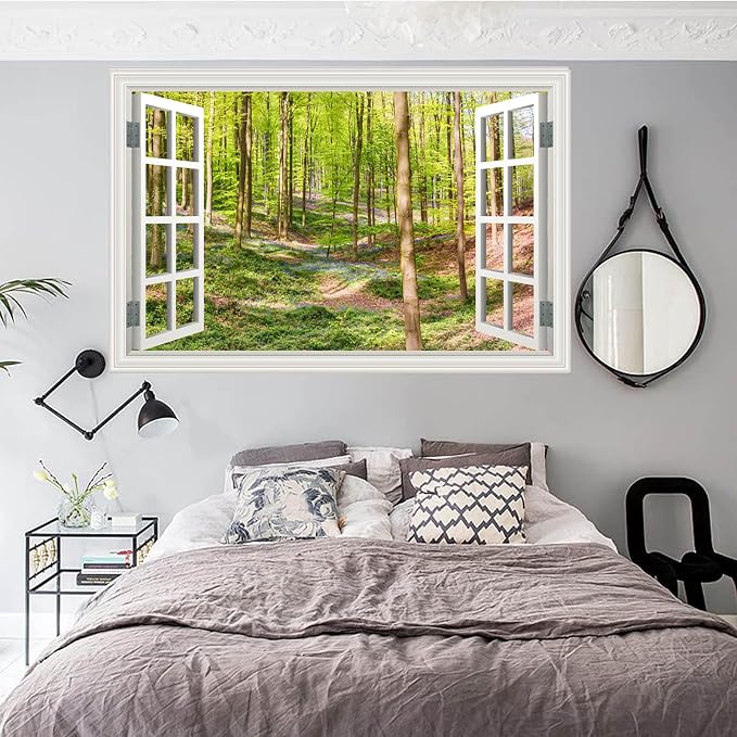 Fake Window Wall Decal- Spring Green Forest Tree Open Wall Art Sticker | Faux Window Grassy Hills & Wildflowers Natural Landscape Mural｜Stick and Peel Wall Decals｜for Room Office Scene Decor｜24"x16" - Image 4
