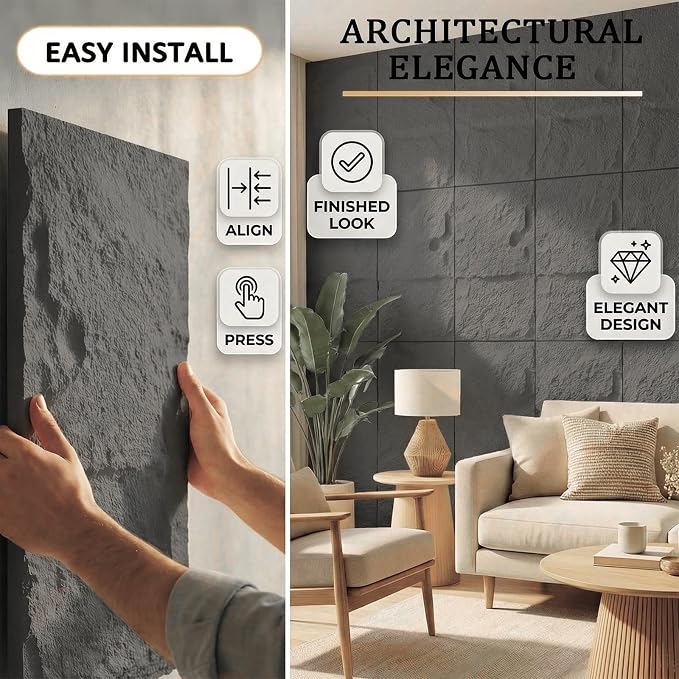 3D Faux Stone Wall Panels, 1.18" wall Panels for Interior wall Decor, 4 PCS PU Wainscoting Panel， Cement Texture， Thicker Accent， for Living Room, Office, 47.2" x 23.6", (Dark Brown) - Image 4