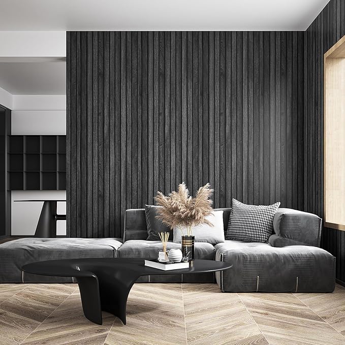 VEELIKE Charcoal Black Wood Slat Wallpaper Peel and Stick Modern Wood Panel Wallpaper for Accent Walls Backdrop 24''x354'' Self Adhesive Removable Slat Wall Paneling for Bedroom Bathroom Living Room - Image 4