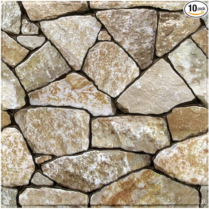 3D Peel and Stick Faux Stone Wall Panels 11.8" x 11.8" 10-Pack | Washed Yellow Brown, Stone-Look Textured Wall Sticker, Thin PVC Self Adhesive Wall Tiles for Interior Decor, Cover 9.7 sq ft by SMOOSTIKCDECOR