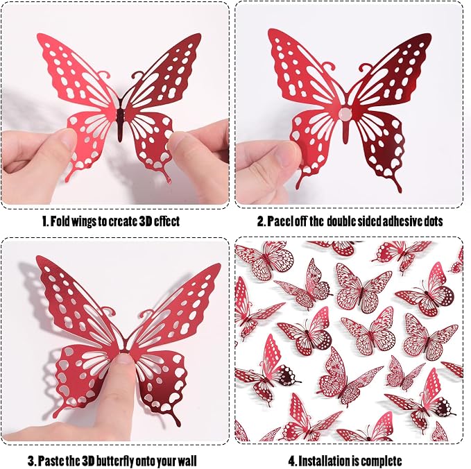 SAOROPEB 3D Butterfly Wall Decor 48 Pcs Blood Red Butterfly Decorations | 4 Styles 3 Sizes, Butterfly Birthday Decorations Butterfly Party Decorations Cake Decorations, Removable Stickers - Image 6