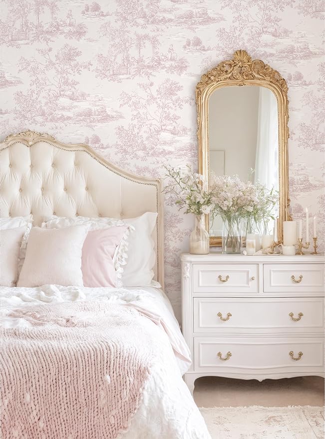 Toduso Peel and Stick Wallpaper Vintage Wallpaper Pink Removable Wall Paper Toile Self-Adhesive Waterproof Tree Contact Paper for Bedroom Living Room Cabinets Thicken Vinyl 17.3'' x 196.8'' - Image 3