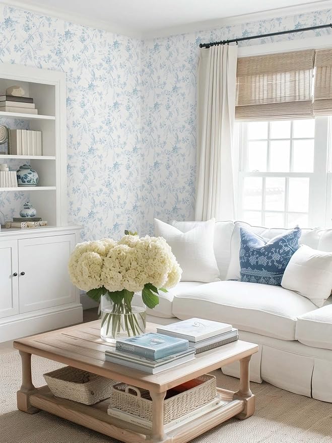 Dimoon 17.3''x385'' Blue Peel and Stick Wallpaper Floral Modern Light Blue Contact Paper White Bird Kitchen Wallpaper Removable Bathroom Renter Friendly Waterproof Embossed Bedroom Vinyl Roll - Image 6
