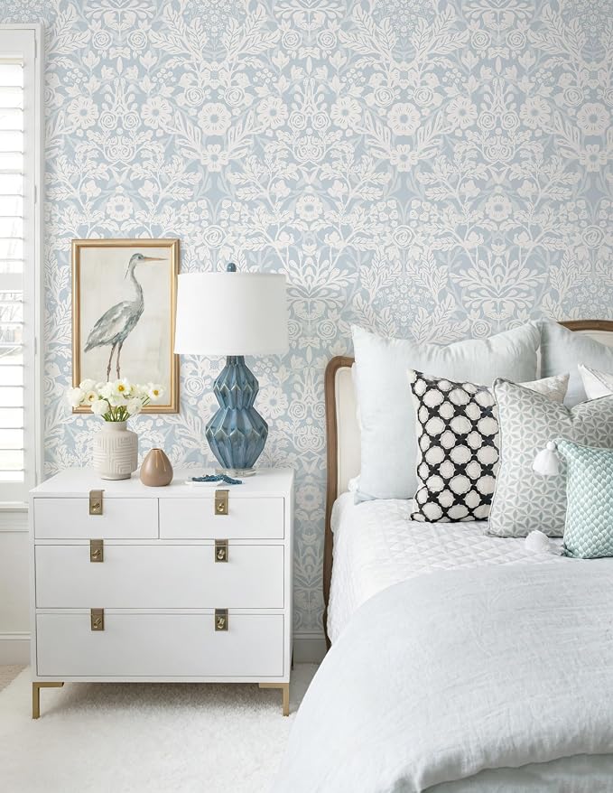 Toduso Blue Peel and Stick Wallpaper Floral Boho Wallpaper Modern Waterproof Contact Paper Removable Self Adhesive Wall Paper for Bedroom Bathroom Kitchen Cabinet Decor Vinyl Roll 17.3" x 393.7" - Image 2