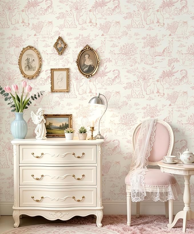Guvana Pink Peel and Stick Wallpaper Cat Wall Paper Vintage Animal Contact Paper Vinyl Waterproof Wallpaper Floral Slef Adhesive Removable for Living Room Bedroom Kitchen Bathroom 17.3"×78.7" - Image 2