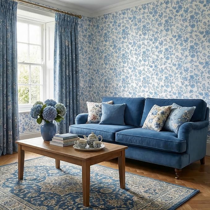 Drydiet Blue Floral Wallpaper Peel Stick Contact Paper 15.8 x 118.1 | Self Adhesive, Blue Floral Design, Easy Apply Remove, Wall Sticker for Home Locker Dorm Classroom Living Room Decor - Image 4