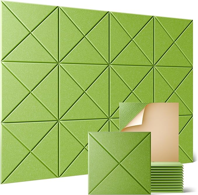 Sonicism 12 Pack X-Lined Acoustic Panels with Self-Adhesive, 12"X 12"X 0.4" Sound Proof Foam Panels, Decorative Soundproof Wall Panels, Sound Absorbing Tile for Home & Offices, Light Green by Sonicism