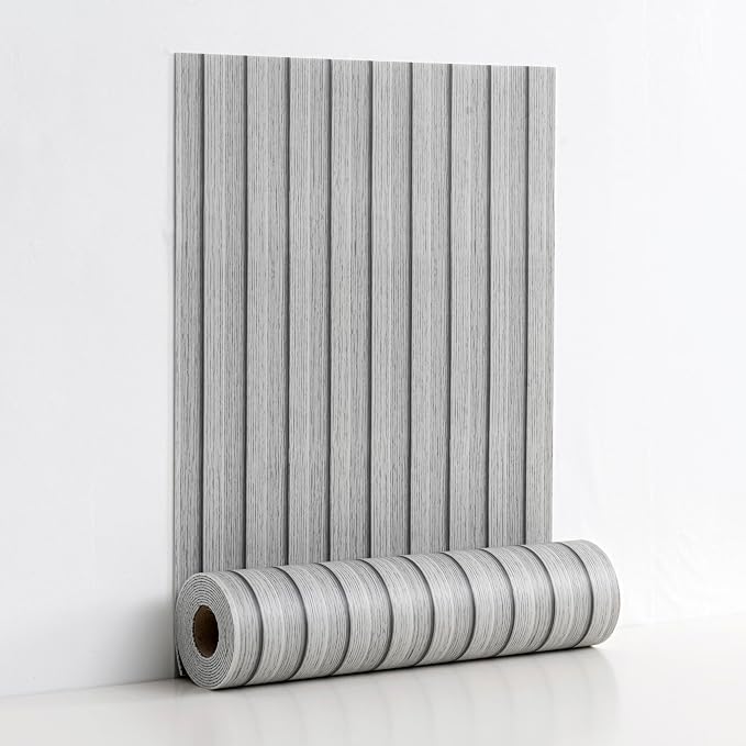Haimin Wood Grain Slat Wall Panels Peel and Stick Faux Wood Thick Wallpaper | 118"x15.75" Waterproof PET & IXPE Foam Paneling Adhesive Smooth Beadboard Wallpaper Wall Covering Panels (Light Gray) - Image 9