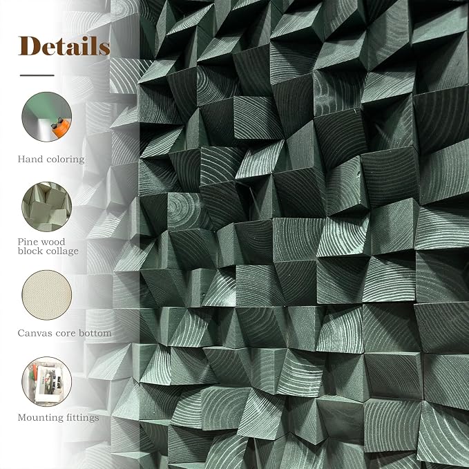 LIUZEYUE Wood Mosaic Wall Art with Staggered Green Blockwork, 3D Pine Art | 3D wall art for living room; deep green gradient, wall coverage; staircase landing double-height wall; 31.5 x 63 in - Image 3