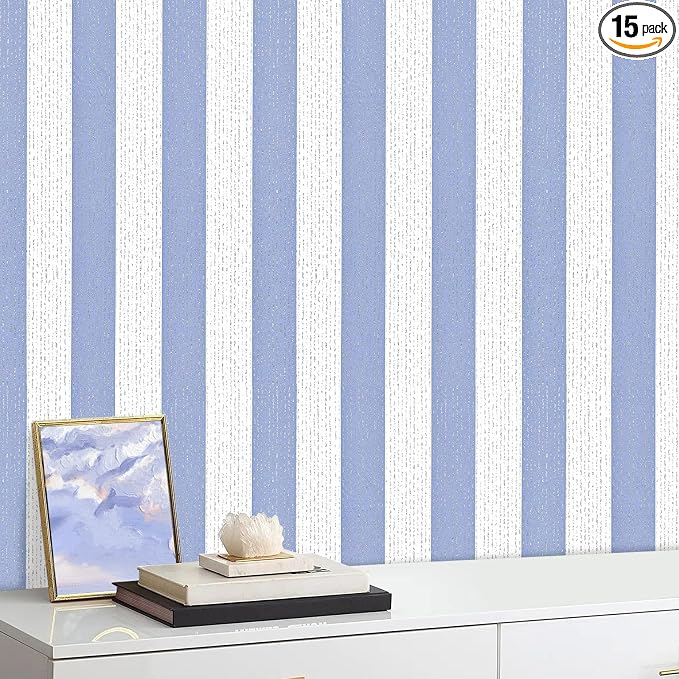 Blue Stripe Peel and Stick Wallpaper 15.7" x 236" | Blue and White Striped Boho Self-Adhesive Contact Paper Removable Waterproof Wallpaper for Bedroom,Cabinets,Drawer Liners by Horryhaushomedecoration