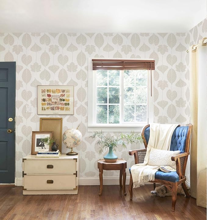 Dimoon Modern Peel and Stick Wallpaper Beige Leaf Contact Paper Botanical Wallpaper Boho Renter Friendly Removable Geometric Wall Paper for Bedroom Kitchen Textured 17.3''x78.7'' - Image 5