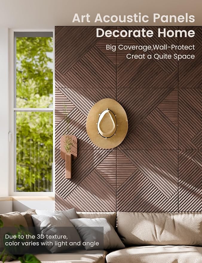 Fluxynara 6-Pack Felt Bulletin Board,Walnut Diamond Chevron-1 | 70.87" x 47.24" Cork Board Alternative, Acoustic Wall Panels with 60 Adhesive Tabs for Recording Studios and Home Offices - Image 4
