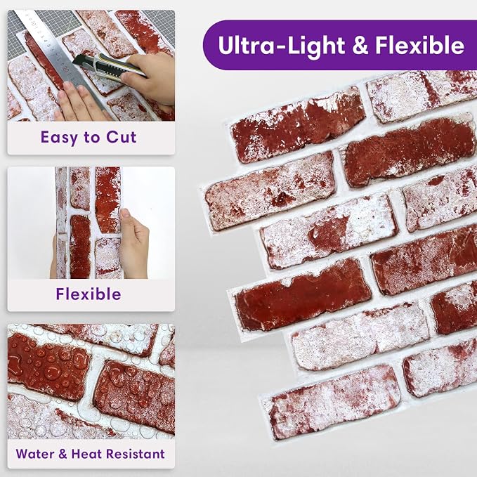 3D Faux Brick Wall Panels Peel and Stick, Designed for Quick DIY | Red, 10 Pcs 11.8" x 11.8", Small Brick-Look, Ultra-Light PVC Fake Brick Wall Covering for Wall Renovation, Cover 9.7 sq ft - Image 4