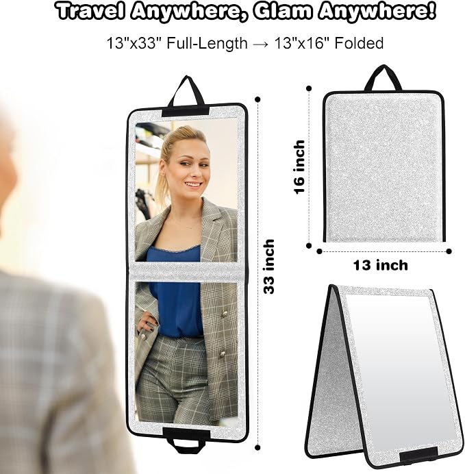 LPHUMEX Foldable Full Length Mirror Glitter Silver, 13x33 Portable Body Mirror for Travel, Dance, Festival - Image 2