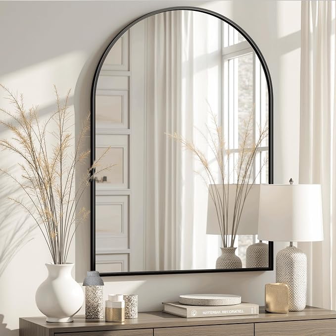 Arched Bathroom Mirror for Wall, 38" x 26" Metal Frame Vanity Mirror, Black by TRAHOME