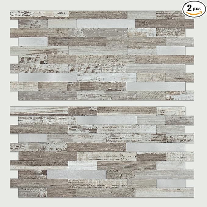 AULIGET Peel and Stick Backsplash, Coffee & Brown Wood Look PVC Mixed Metal Stick on Bathroom Backsplash, 2 by AULIGET