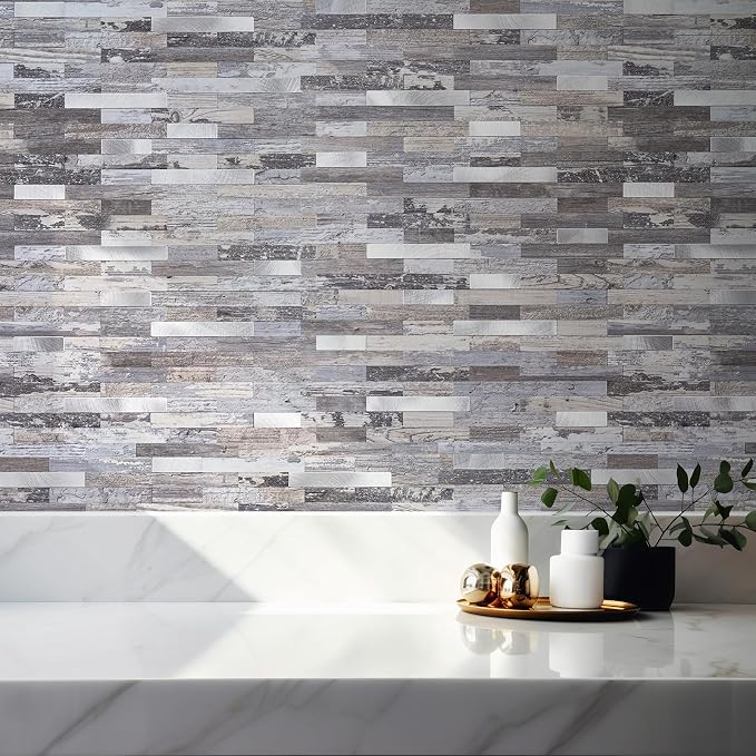 StyloVue 2 Sheets Peel and Stick Backsplash, Distressed Wood with Metal Silver Self Adhesive Wall Tiles Upgrade Your Kitchen Backsplash, RV, Fireplace - Image 7