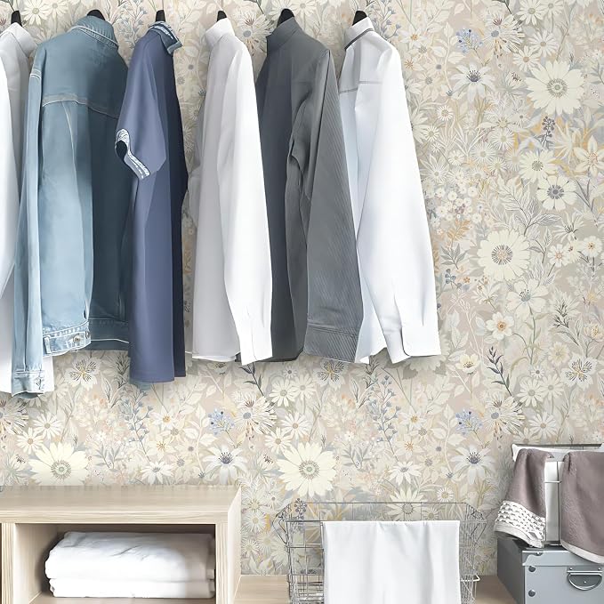 Gray Floral Wallpaper Peel and Stick for Bedroom,Cabinets 17.3" x 393.7" | Textured Vinyl Stick on Wall paper DIY Self Adhesive Removable Waterproof Gray/Yellow/Blue Contact Paper for Kitchen Bathroom - Image 5