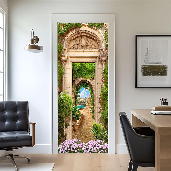 artfanke 3D Beautiful Garden Arch Peel and Stick Door Sticker 33.5"x84.6"-Self-Adhesive Door Murals Wallpaper - Wall Decal for Living Room Bedroom Decor (2 Sheets/Set) by artfanke