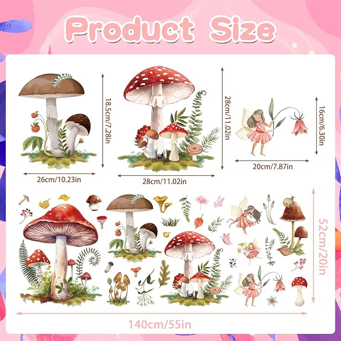 Wxiben Fairy Wall Stickers Decor, Mushroom Wall Decals Room Decor | Removable, Floral Wall Murals, Peel and Stick, for Bedroom Nursery Playroom Living Room Wall Decor - Image 2