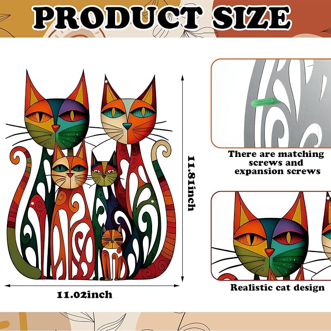 Wesiti Metal Cat Wall Art 11x11.8in Colorful Retro Iron Sculptures | Vintage-chic Geometric Feline Design, Retro Decor for Living Room Bedroom Kitchen Office, Great for Cat Lovers Home - Image 2