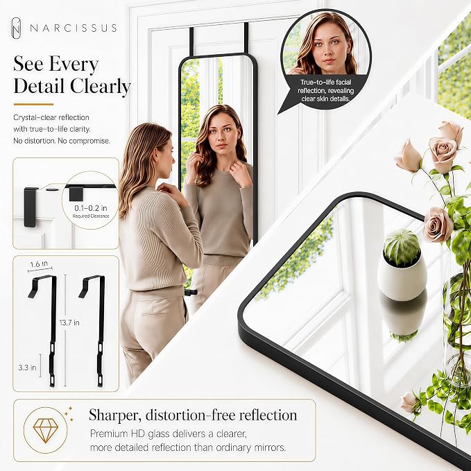 NARCISSUS Over the Door Full Length Mirror 47x14 Inch, Wall Mounted Dressing Mirror, Door Hanging Full Body Mirror HD Reflection Glass for Bedroom, Aluminum Alloy Frame Black - Image 6