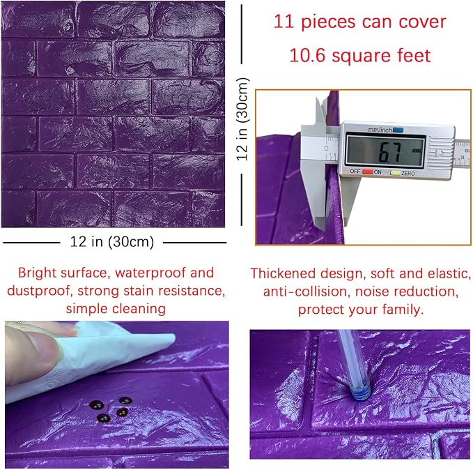 11PCS 3D Wall Panels Peel and Stick Faux Brick Wallpaper Purple Self Adhesive Foam Brick Paneling Faux Stone Wall Panels (11PCS, Purple) - Image 5