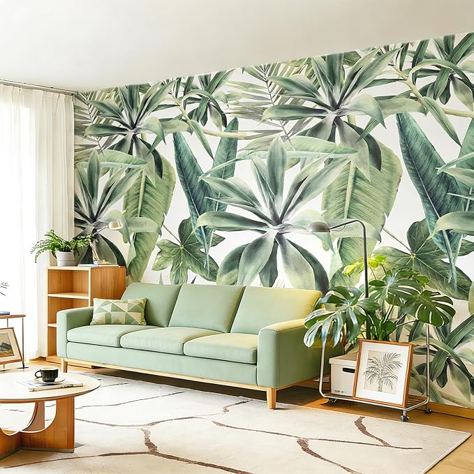 Tropical Peel and Stick Watercolor Green Leaves Wall Mural, Leather Textured Vintage Self-Adhesive Wallpaper for Bedroom Living Room Background Wall Decor, White Background, 137'' x 98'' by Flortlias