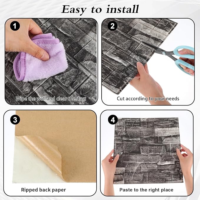 40pcs 3D Wall Panels 11.8x11.8 Inch Peel and Stick Foam Brick Wallpaper, Black Self Adhesive Tiles Waterproof Decorative Wall Panel for DIY Interior Wall Decor, Faux Rock Wall Panels | Practical and Reliable Easy Installation - Image 4