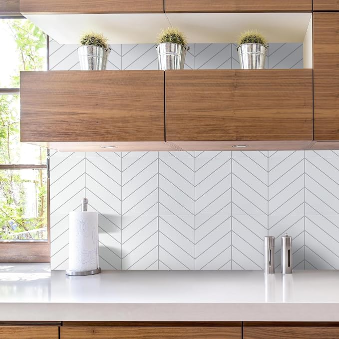 STICKGOO Herringbone Peel and Stick Backsplash, White/Grey Grout, 10 Sheets | 12.6 x 9.7 in, Thicker Rectangular Vinyl Stick-On Wall Tiles, Easy Alignment, Waterproof, Easy to Clean, Kitchen/Bathroom - Image 5