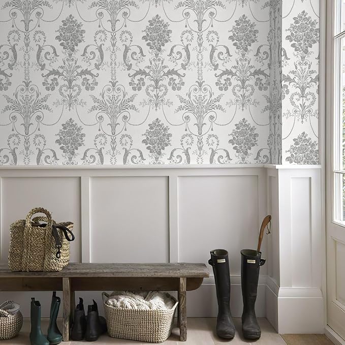 Silver Gray Removable Wallpaper Damascus Floral Peel and Stick Wallpaper | 17.3" X 118" Boho Grey Flower Contact Paper Self Adhesive Wallpaper Damask Floral Decorative Wallpaper for Bedroom Covering - Image 2