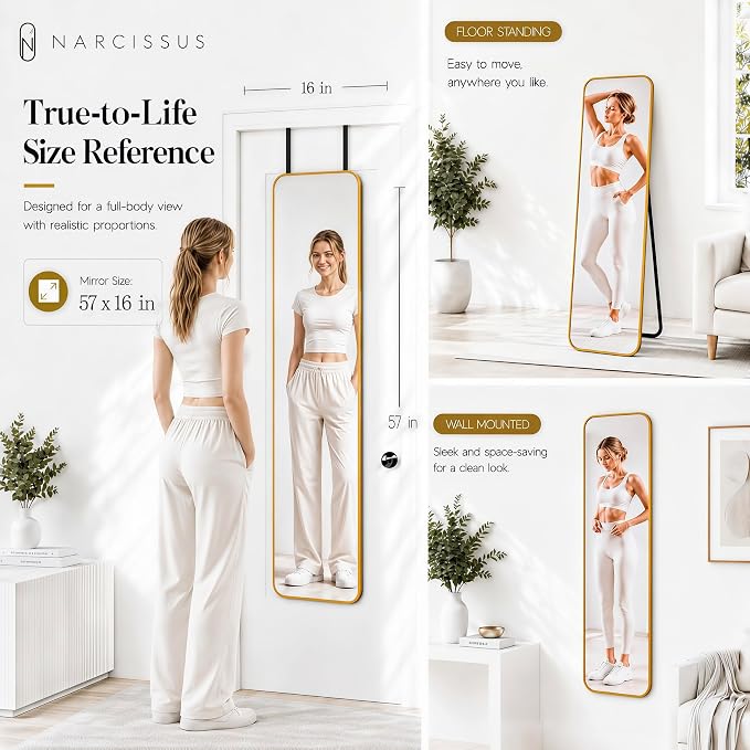 NARCISSUS Full Length Mirror 57x16 Inch, Over The Door Mirror with Stand, Wall Mounted or Freestanding/Door Hanging Full Body, Aluminum Alloy Frame, Gold - Image 3