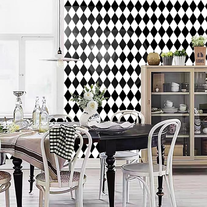 Black and White Peel and Stick Wallpaper Diamond Wallpaper Rhombus Contact Paper 17.3"x200" Lattice Self Adhesive Waterproof Vinyl Roll for Bathroom Kitchen Backsplash Cabinets - Image 6