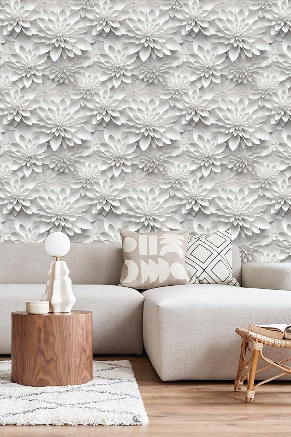 Peel and Stick Wallpaper White Gray Lotus Floral Feature - Image 3