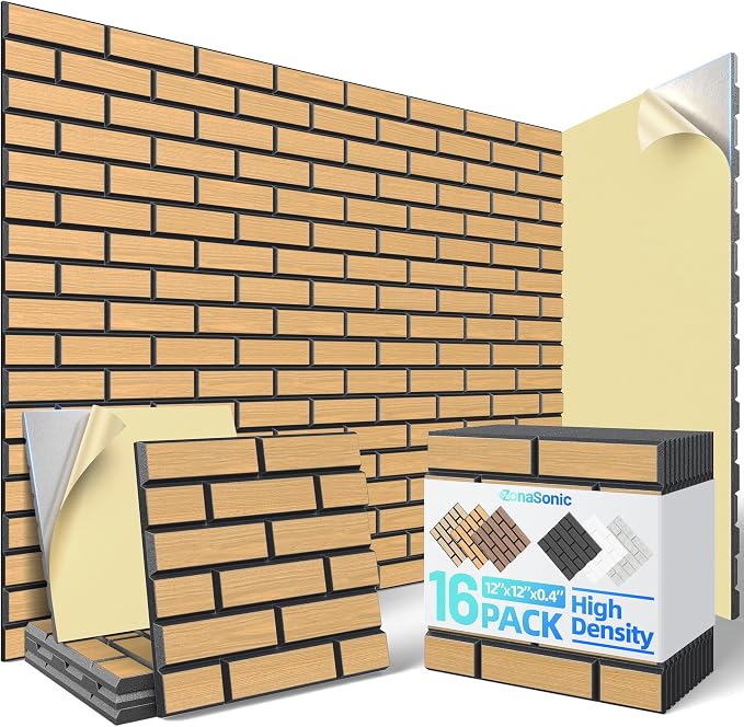 Self-Adhesive Acoustic Panels High Density Sound Proof Foam Panels for Wall | 16 Pack Brick Soundproof Wall Panels, 12" x 12" x 0.4" Sound Dampening Absorbing Panels for Home Studio Decor Office - Oak by Unknown